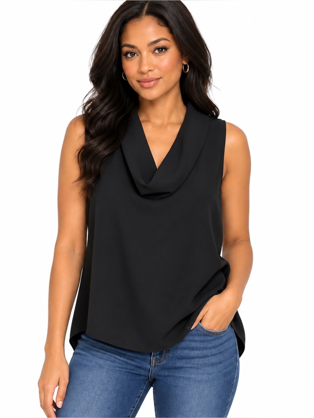 ZARA Trafaluc Black Cowl Neck Sleeveless High Low Blouse Size Small